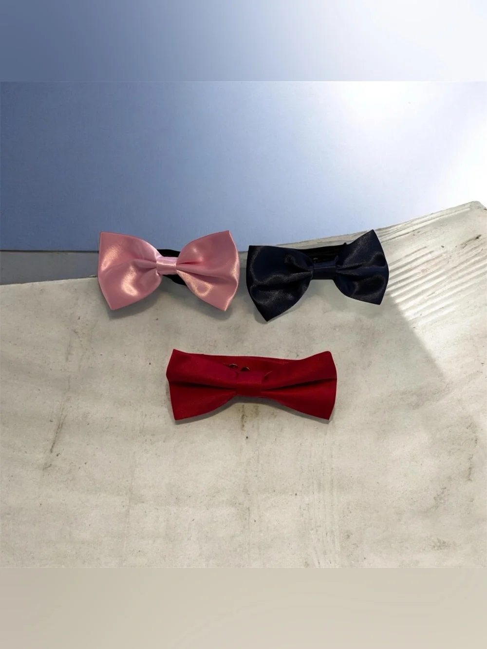 Q Brand Satin Bow Tie Lot of 3 – Red, Pink & Navy Blue – Adjustable 5” Wide